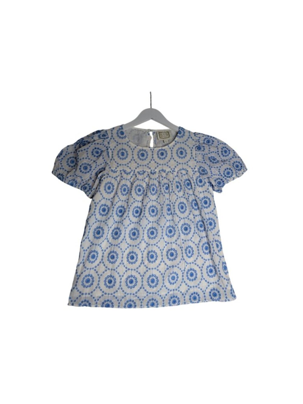 SAIL TO SABLE Blue & White Embroidered Eyelet Puff Short Sleeve Babydoll Top - S - Picture 3 of 15